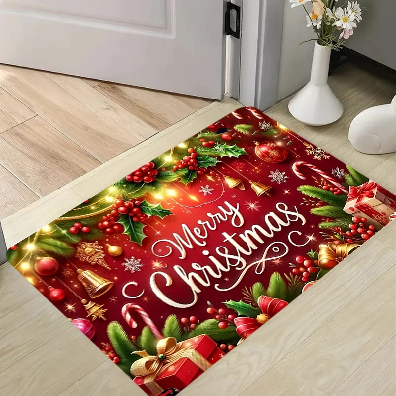 Red Merry Christmas Bell Gift Candy Cane Holly Light Entrance Mat Non-Slip Doormat for Front Door Porch Celebration
