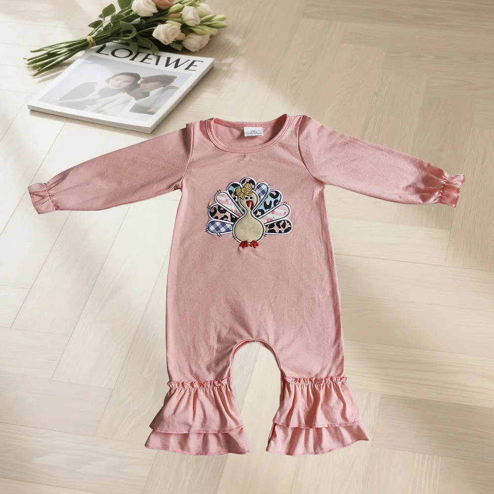 

9.30 Baby Winter Rompers Baby Girls Thanksgiving pink turkey ruffle rompers