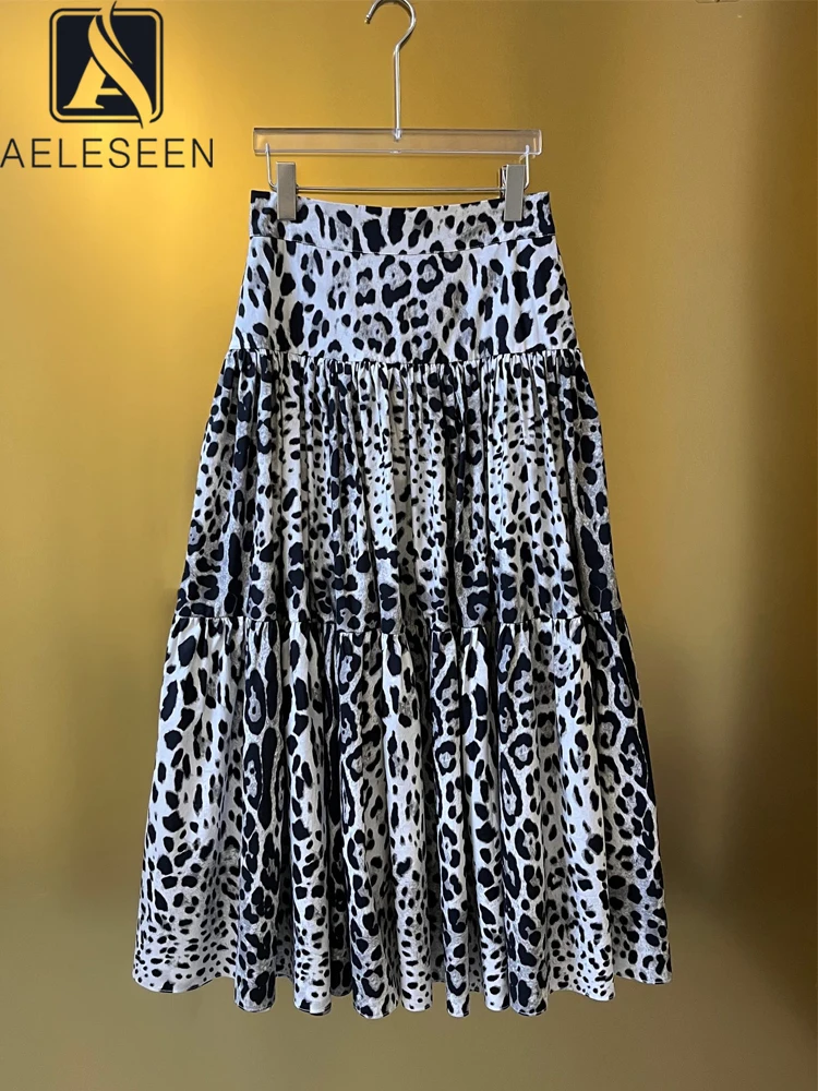 AELESEEN Vintage Long 100% Cotton Dress Women Spring Autumn Sicilian Sexy Leopard Printed High Waist Elegant Poplin Party