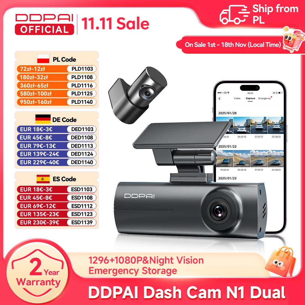 DDPAI N1 Dual Dash Cam Cámara de coche con visión nocturna, 1296P UHD F1.8, aper