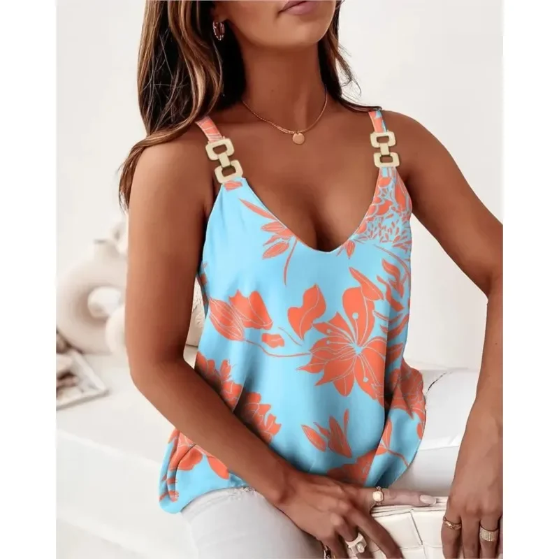 Gilet imprimé à la mode pour femmes, Camisole décontractée avec chaîne, col en v, sans manches, pour fête de vacances, hauts quotidiens pour femmes, été