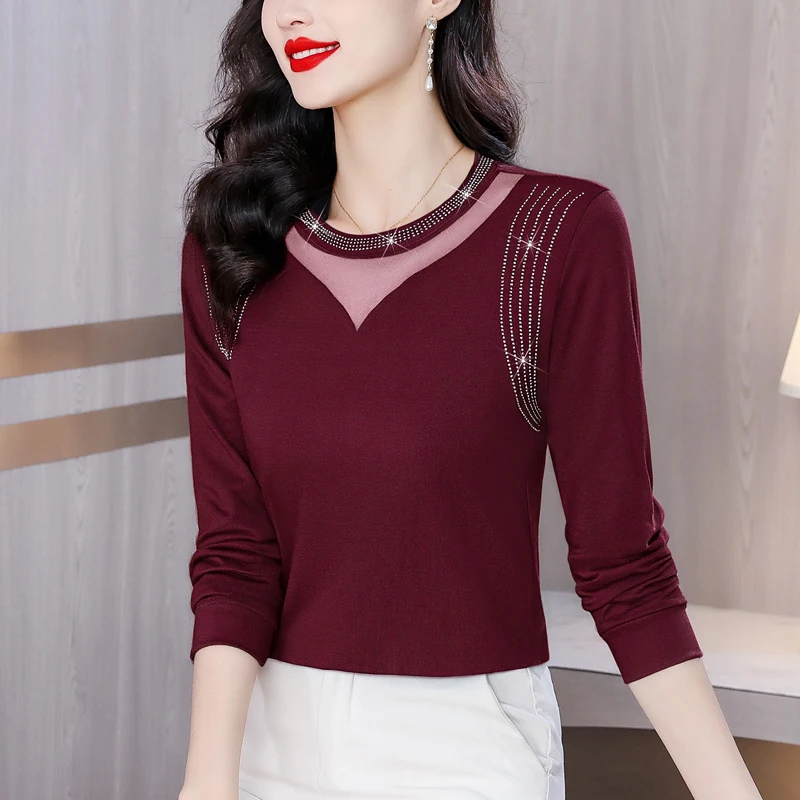 

Осень-зима 2025 г., горячая футболка с бриллиантами, лоскутные сетчатые топы, рубашка с круглым вырезом и длинными рукавами