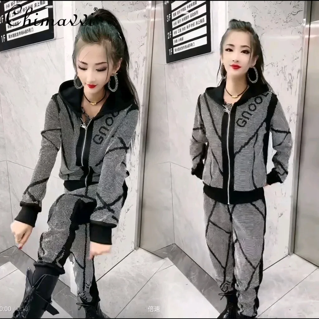 European Heavy Hot Diamond Thin Casual Sports Two-piece Suit Autumn Fashion Long-sleeved Hooded Jacket Trousers Women's Outfits