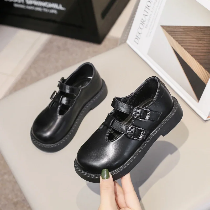 

2024 UK Uniform School Shoes for Girls T-Strap Versatile Children Leather Shoes Simple Korean PU Round-toe Non-slip Kids Loafer