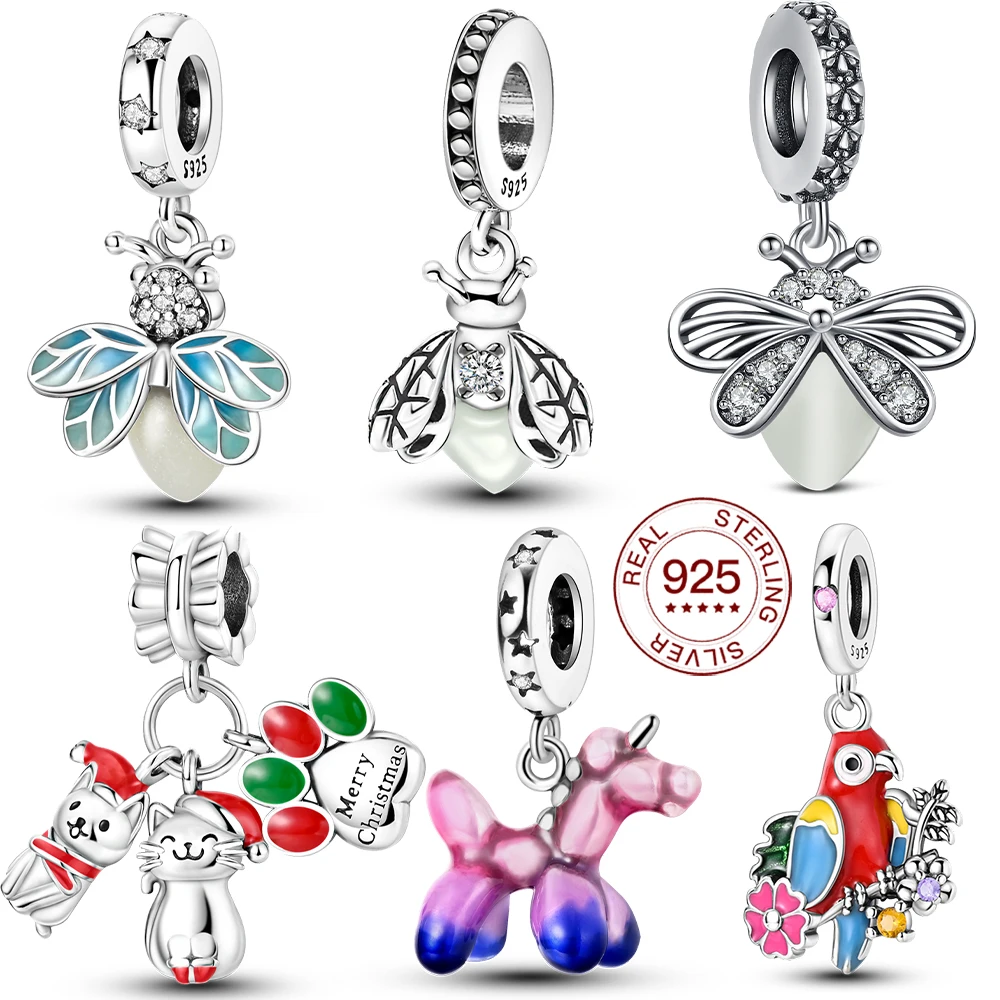 925er Sterlingsilber Niedlicher Tier-Charm Glühwürmchen Biene Weihnachtskatze Einhorn Papagei Perle Passend für Original-Armbänder Schmuck Geschenk für Mädchen