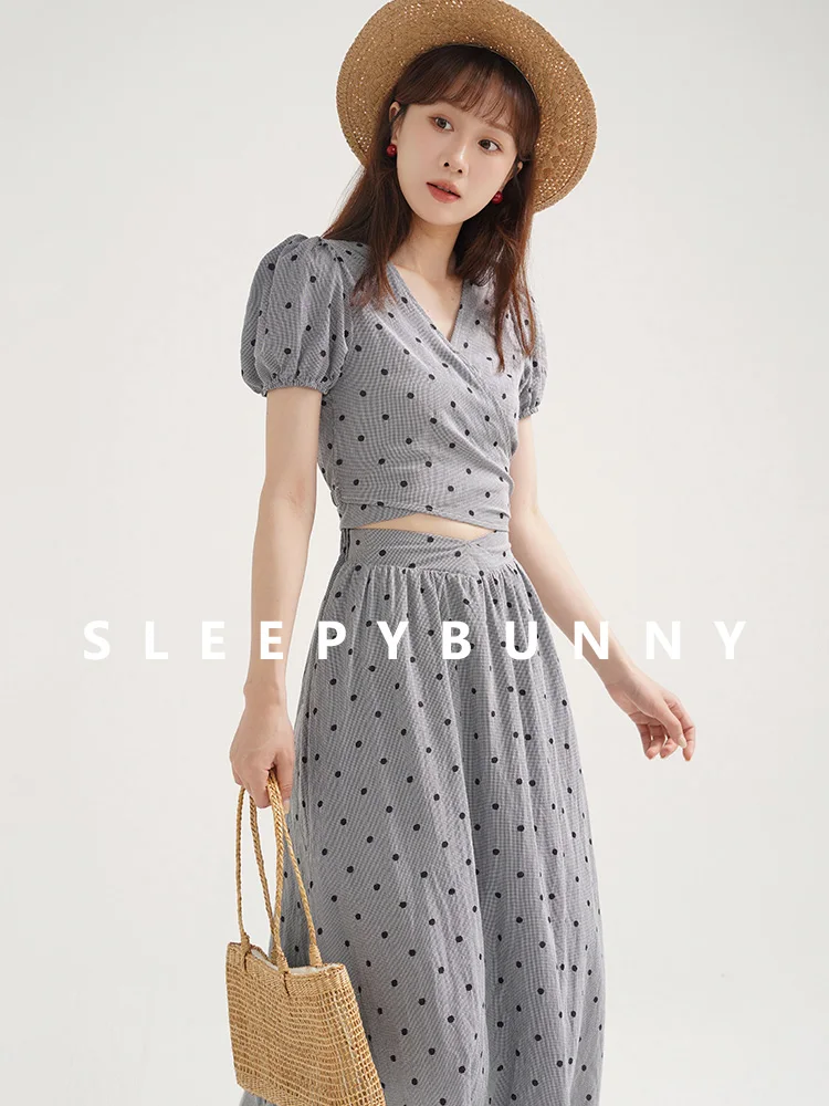 Women Polka Dot V-Neck Puff Sleeve Blouse & High Waist Midi Skirt Set Elegant Summer French Style Two Piece Outfit for Vacation