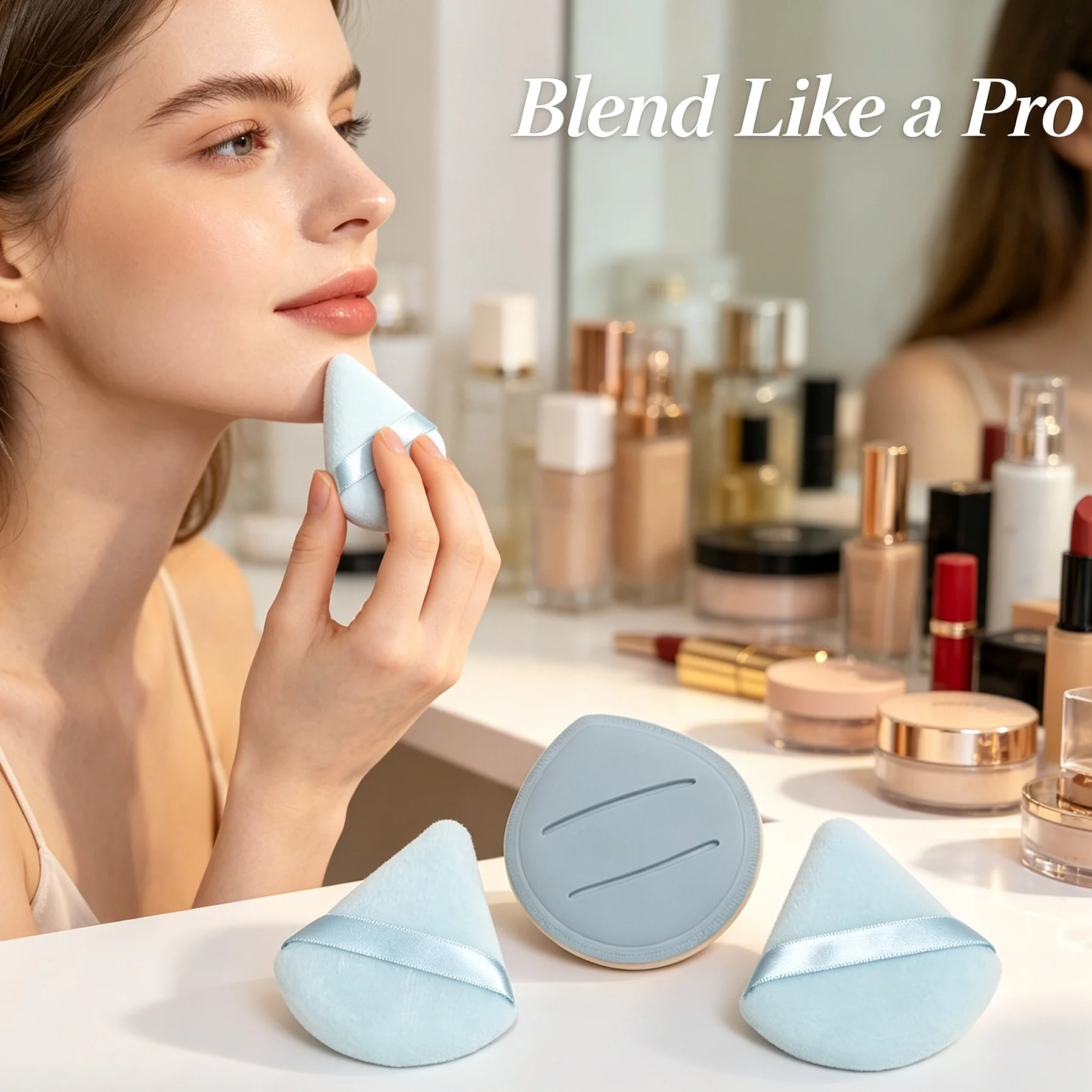 Light blue velvet-embossed loose powder puff, water drop cushion powder puff, three-piece set of makeup application tools.