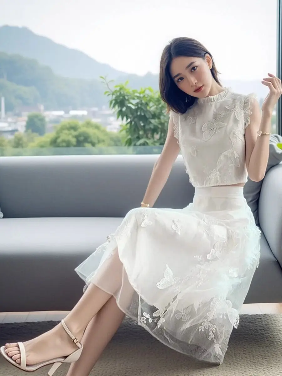 New Summer High End White 2 Piece Set Women Fashion Sleeveless Butterfly Slim Blouse Crop Top + Mesh A-line Skirt Elegant Suit