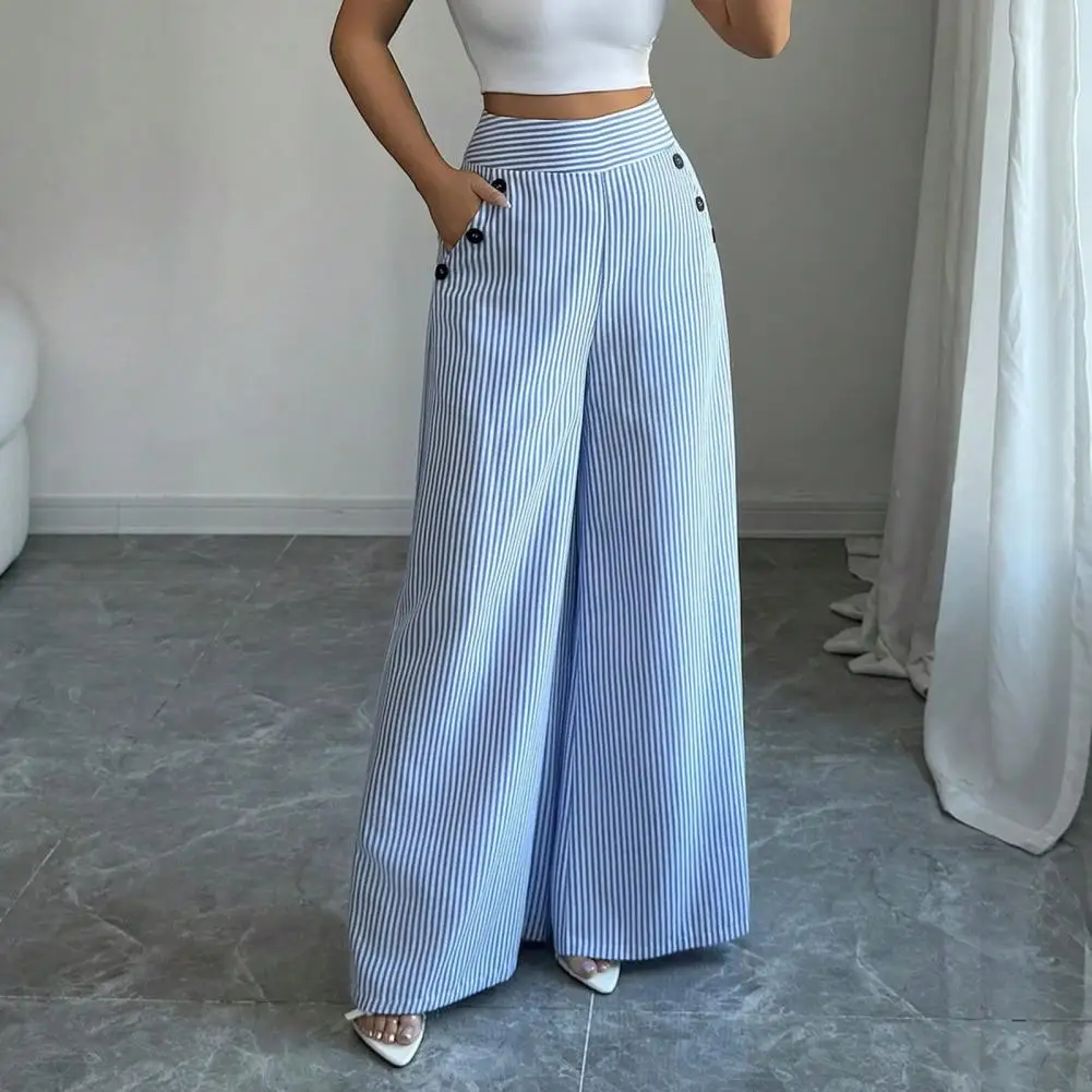 2026 Striped Women Wide Leg Trousers Women's High Waisted Striped Wide Leg Button Decoration Hanging Straight Leg Casual Pants