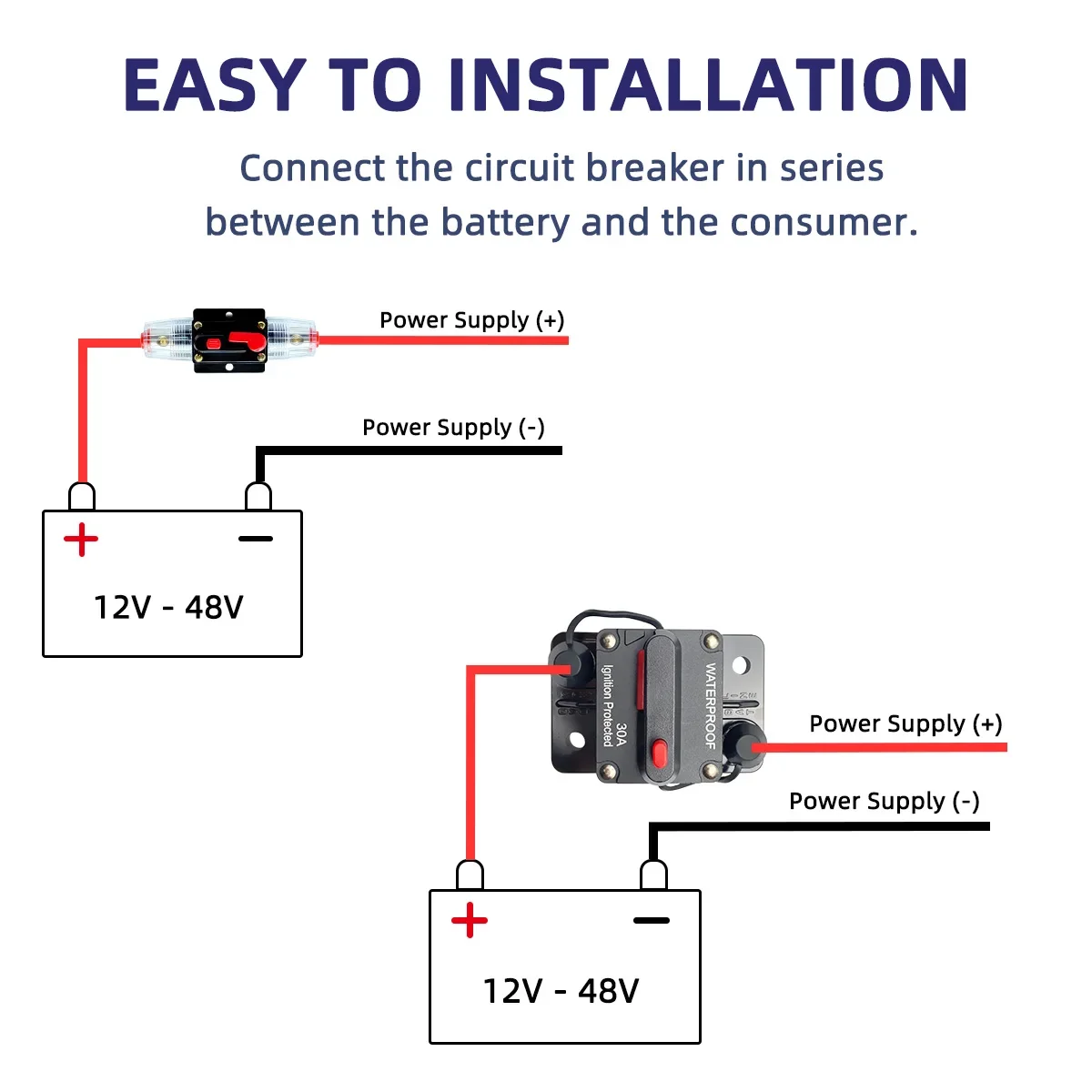 Circuit Breaker Fuse 20A to 300A Manual Reset Inline Fuse Inverter Waterproof Auto Car Yacht AV Aduio Video System IP6 12V 48VDC