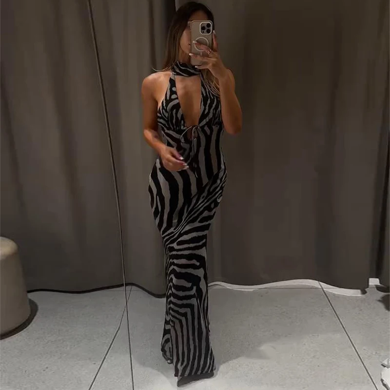 Zebra-Bedrucktes Neckholder-Maxikleid für Damen, Sexy, Ärmellos, Rückenfrei, Tailliert, Hüftbetont, Schlankes Abendkleid, Elegante Damenroben – Detail 14
