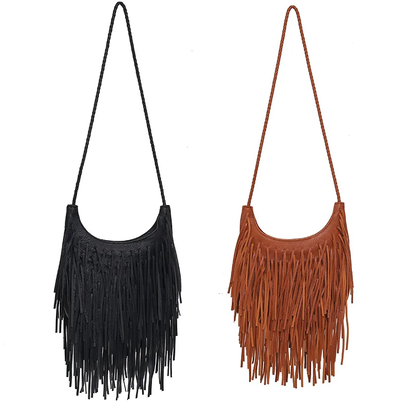 

Women Vintage Messenger Bag Solid Color Suede Leather Retro Tote Handbag Adjustable Strap Fringe Satchel Bag Western Cowgirl Bag