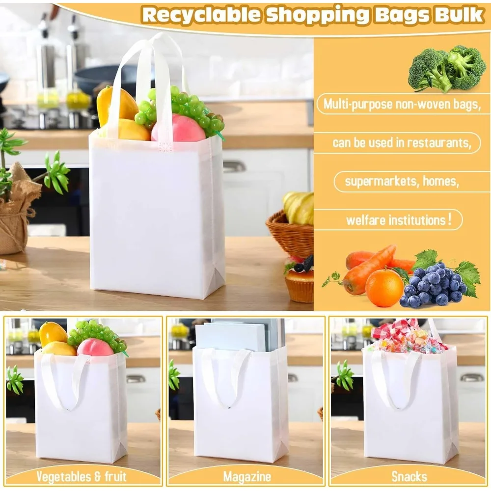 Borse tote riutilizzabili sfuse - Confezione da 300 borse per la spesa in tessuto non tessuto con manici, 8x4x10 pollici, bianche per generi alimentari e regali