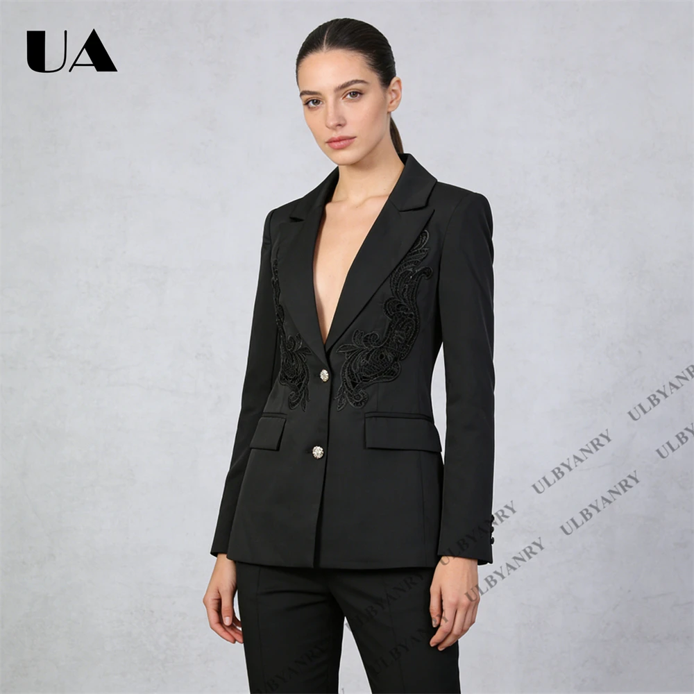 ULBYANRY Black Embroidery Suit Jacket for Women Single-Breasted Slim Fit Formal Evening Prom Suit Blazer Actual Pictures