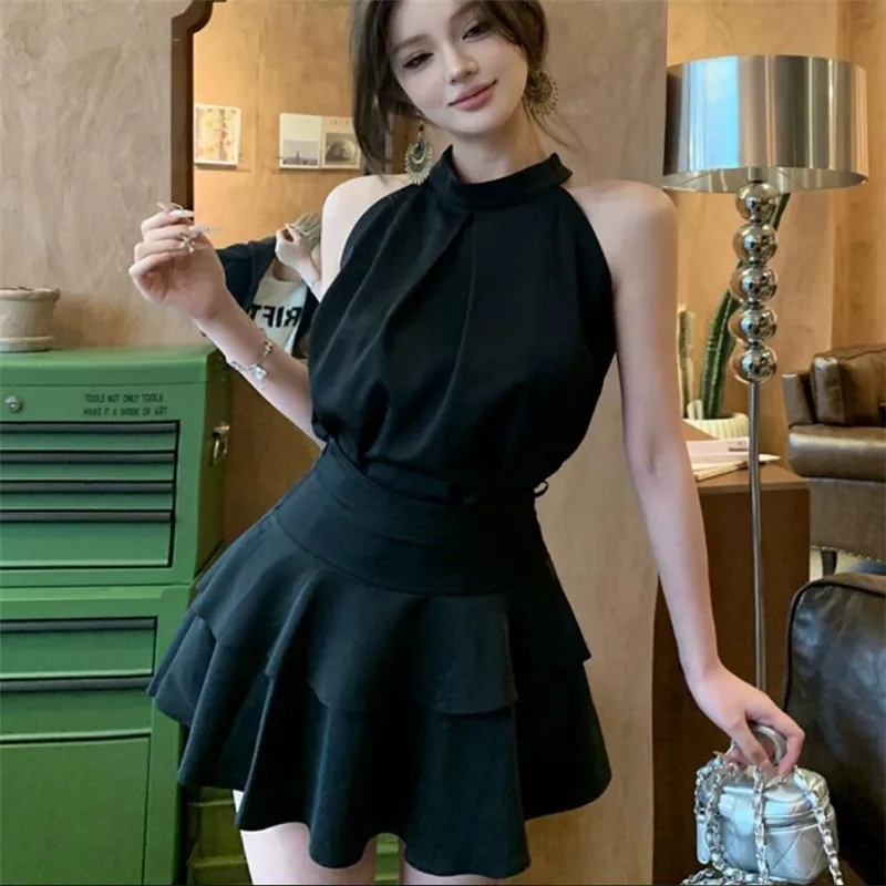 Fashion Black Apricot Satin 2 Piece Sets Sleeveless Halter Short Camis Top&Mini Ruffled Cake Skirt Celebrity Summer 2pc Suits