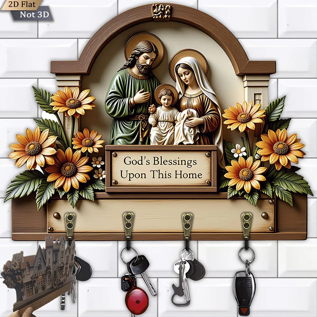 Porte-clés Sainte Famille, support mural pour clés imprimé en 2D avec 4 crochets, décoration chrétienne pour la maison avec les bénédictions de Dieu