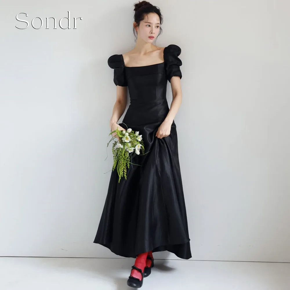 Sondr Customized Elegant Black Korean Evening Dresses Square Collar Short Sleeves A Line Long Party Dress Wedding Snap Gown