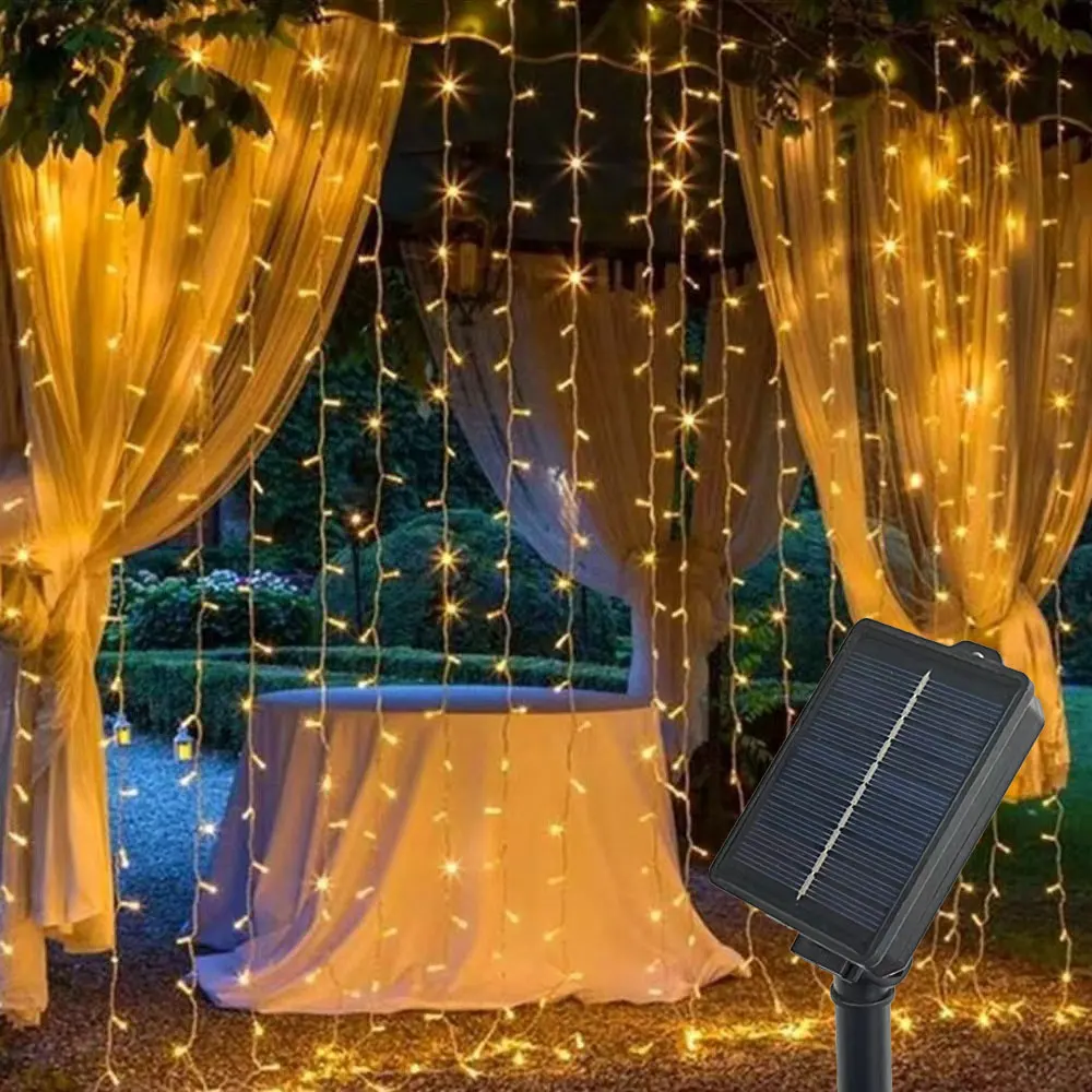 

8 Lighting Modes Solar Outdoor Curtain String Lights LED Garland Lamp for Holiday Wedding Party Garden Christmas Decoration 2024