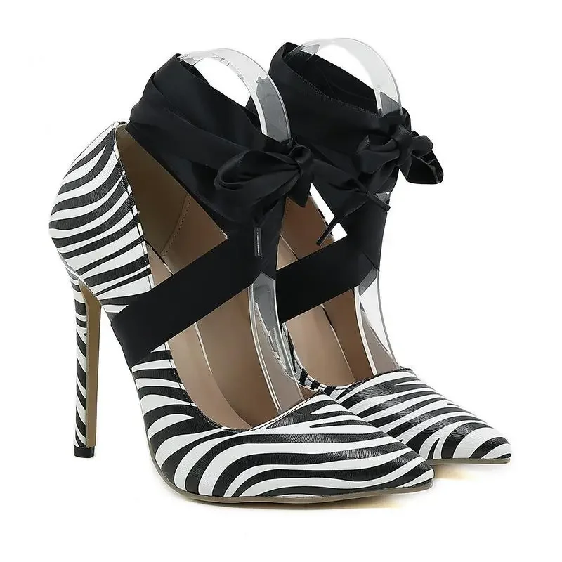 

2024 Zebra Pattern Thin Heels High Heels Shallow Mouth Pointed Ribbon Sexy European And American Women's Shoes Size 35-42