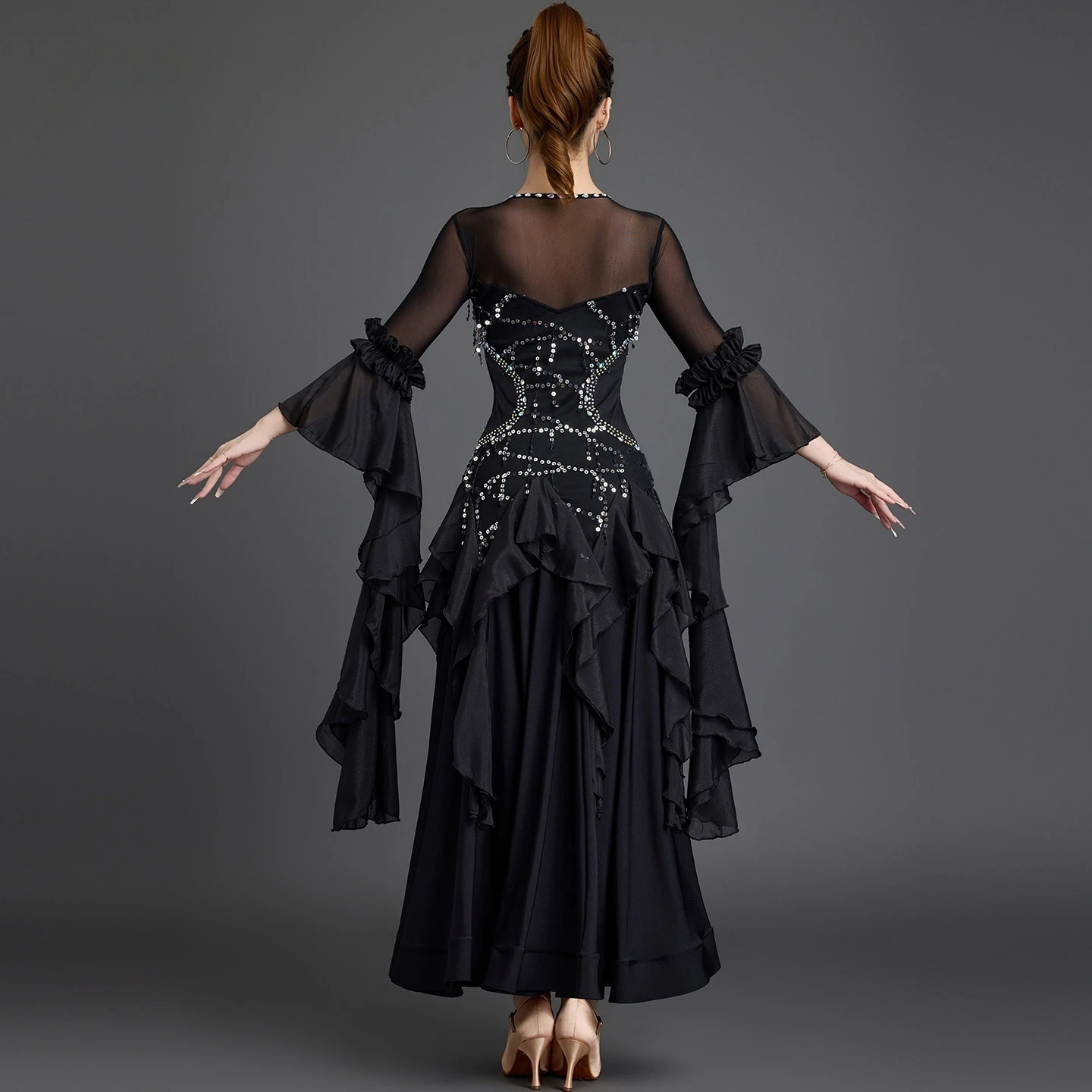 New Modern Dance Dress For Competition Performance Standard Waltz Ballroom Dance Dress Flowy Sequin Bell Sleeves Long Dress view 5