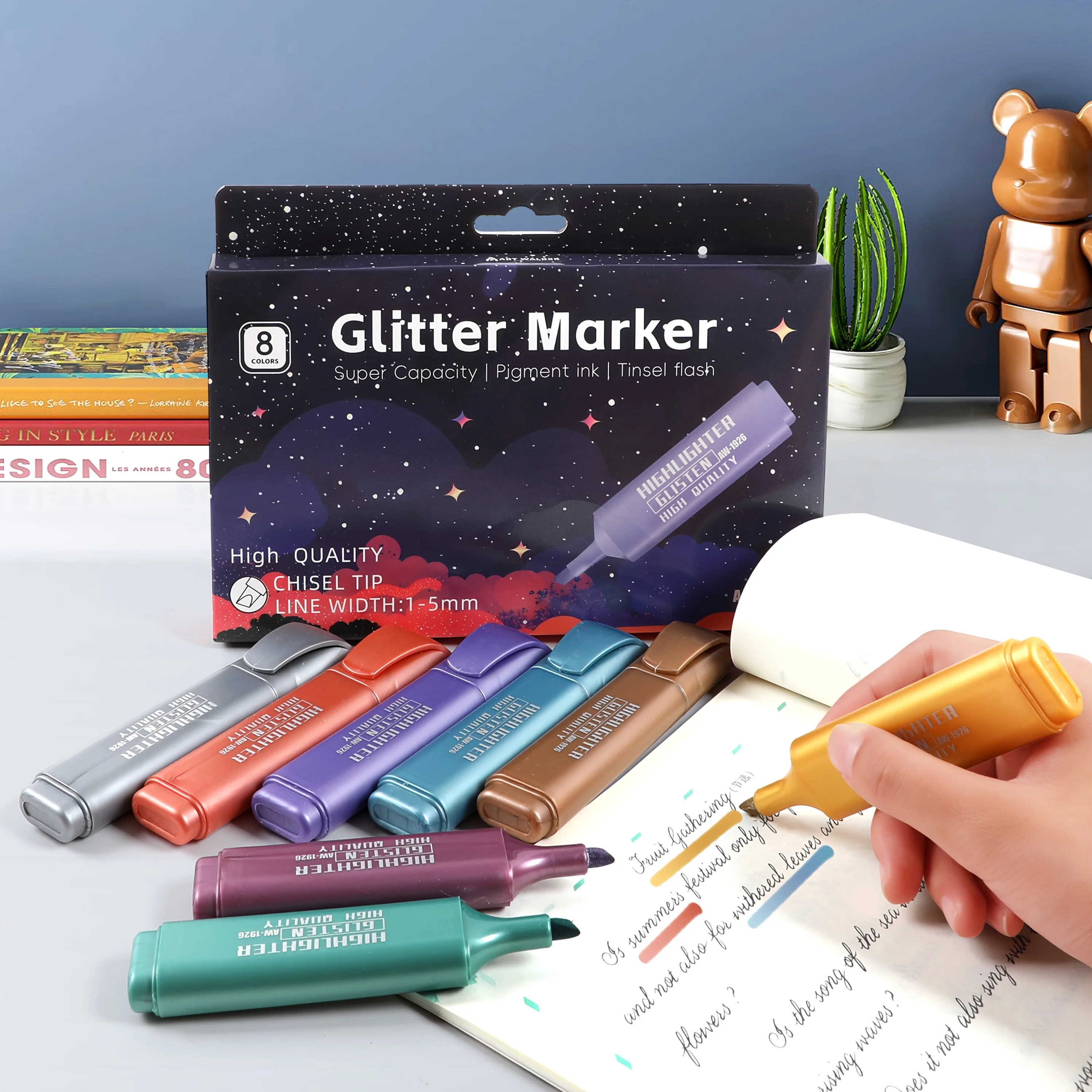 8-Color Metallic Glitter Highlighter Pens Set Shimmering Fluorescent Spot Liner Quick-Dry & Smudge-Proof Stationery A3248