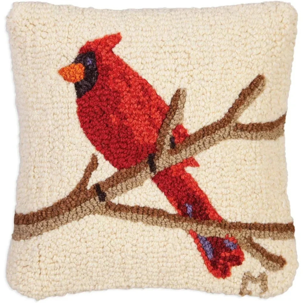 Cardinal projetado para artista em almofada decorativa de lã branca com gancho à mão (14 pol. x 14 pol.) Almofada de vida selvagem para sofás e camas