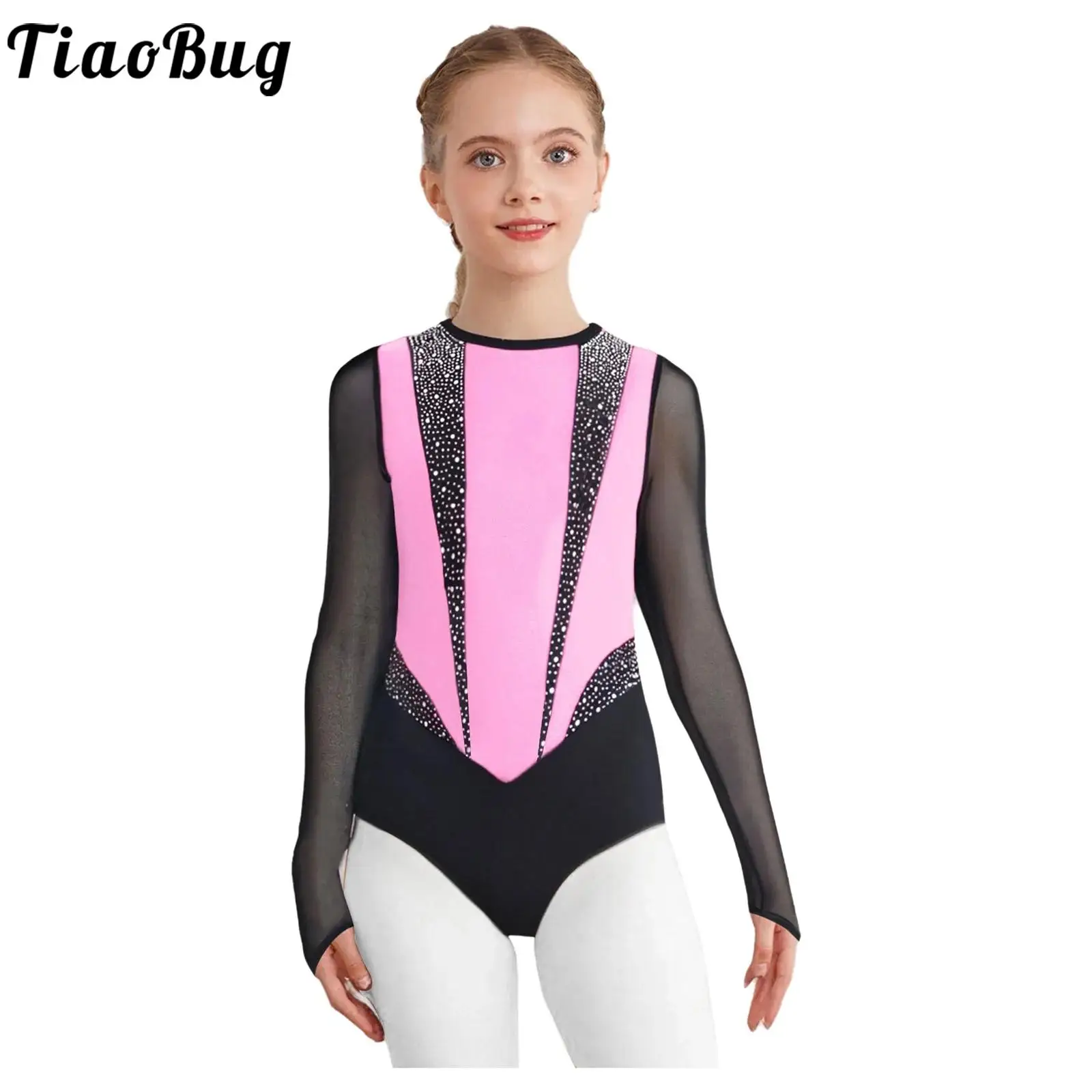 

Kid Girls Sparkly Rhinestones Rhythmic Gymnastics Leotards Long Sleeve Bodysuit Dance Dresses Figure Skating Performance Costume