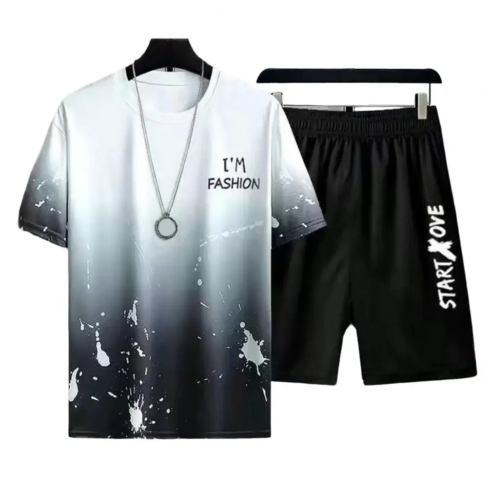 2 Stück Set Kurzarm Trainings anzug Männer lässig Strand Shorts Outfit Eis Seide Männer Farbverlauf Farbe Brief druck T-Shirt Tops Jogging hose