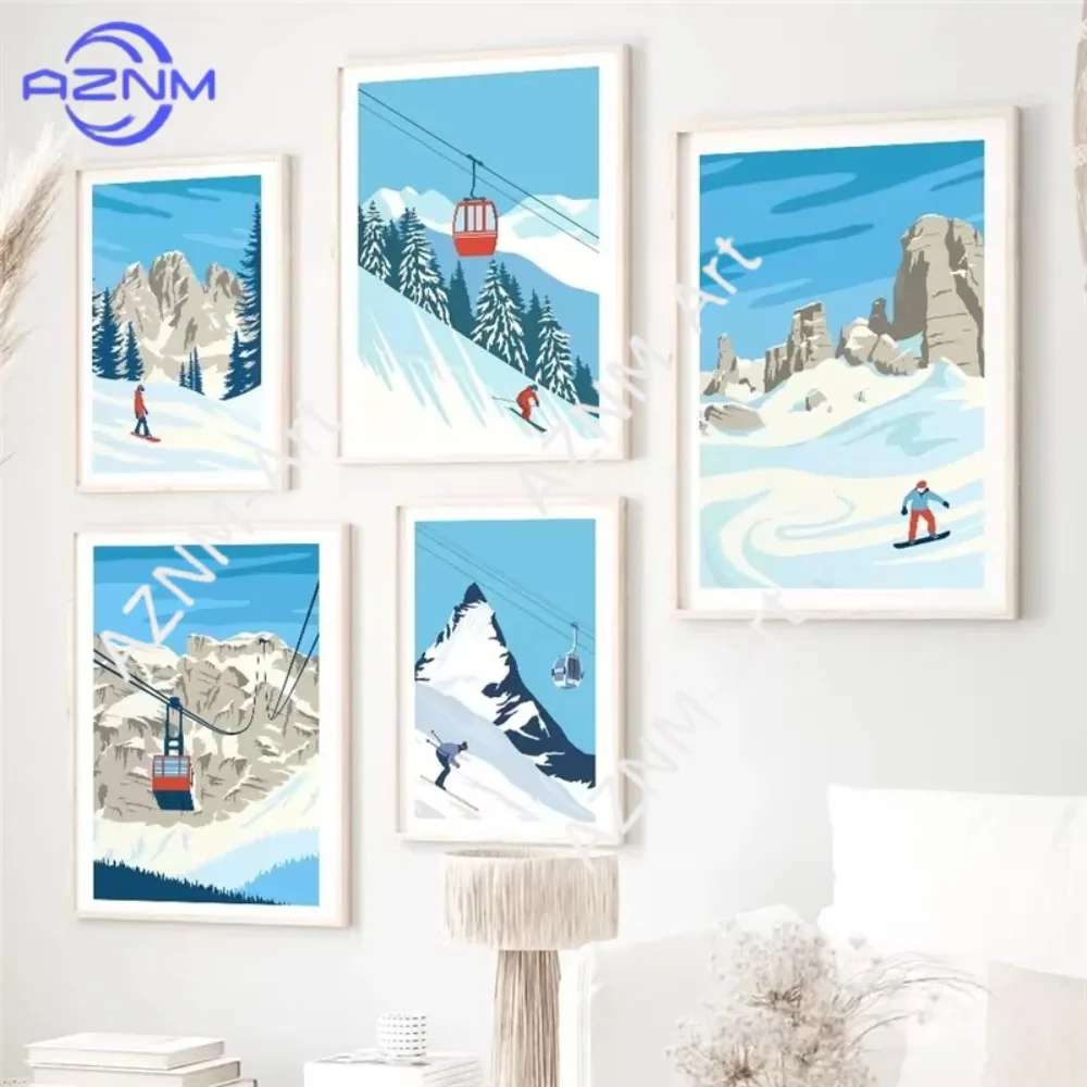 1pc Canvas Painting Blue Skiing Snowboard Mountain Winter Ski Sport Wall Art Poster for Room Decoration Home Decor Picture