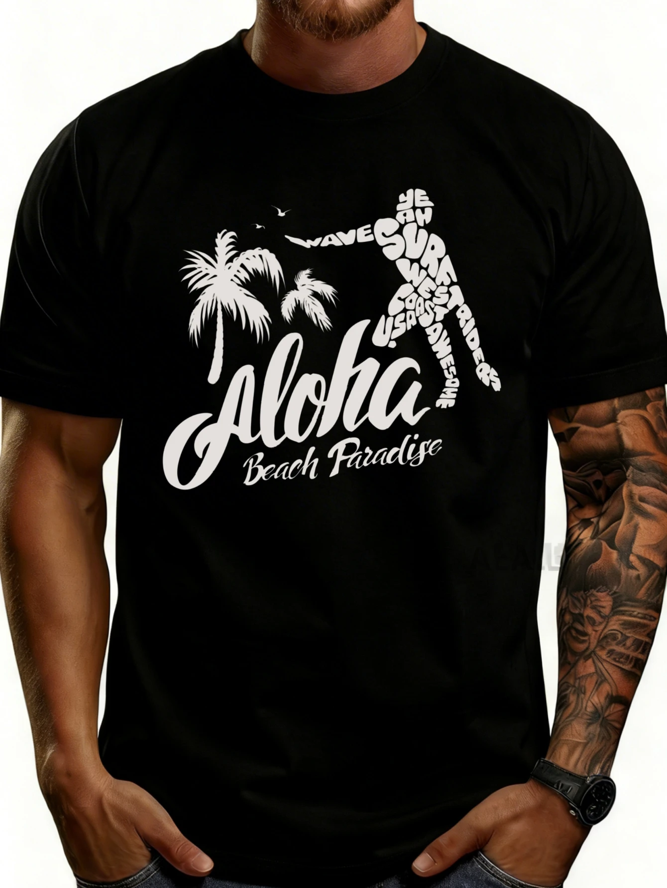 Casual Summer Style Men's T-Shirt with Aloha Beach Paradise, Surfing, and Palm Tree Design, Perfect for Beach Vacations and Tropical Trips, and Is the Ideal Gift for Surfing Enthusiasts and Travel Lovers.