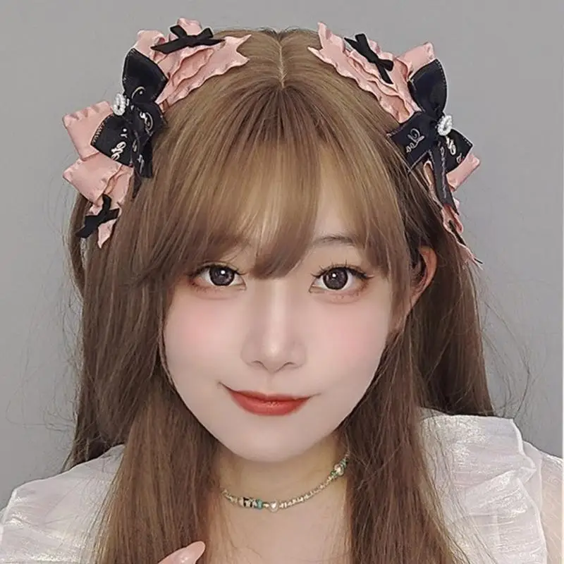 Copricapo punk da 49mf clip capelli neri bowknot paio barrette rosa+nastro nero cool bows forma forma gotica barrette