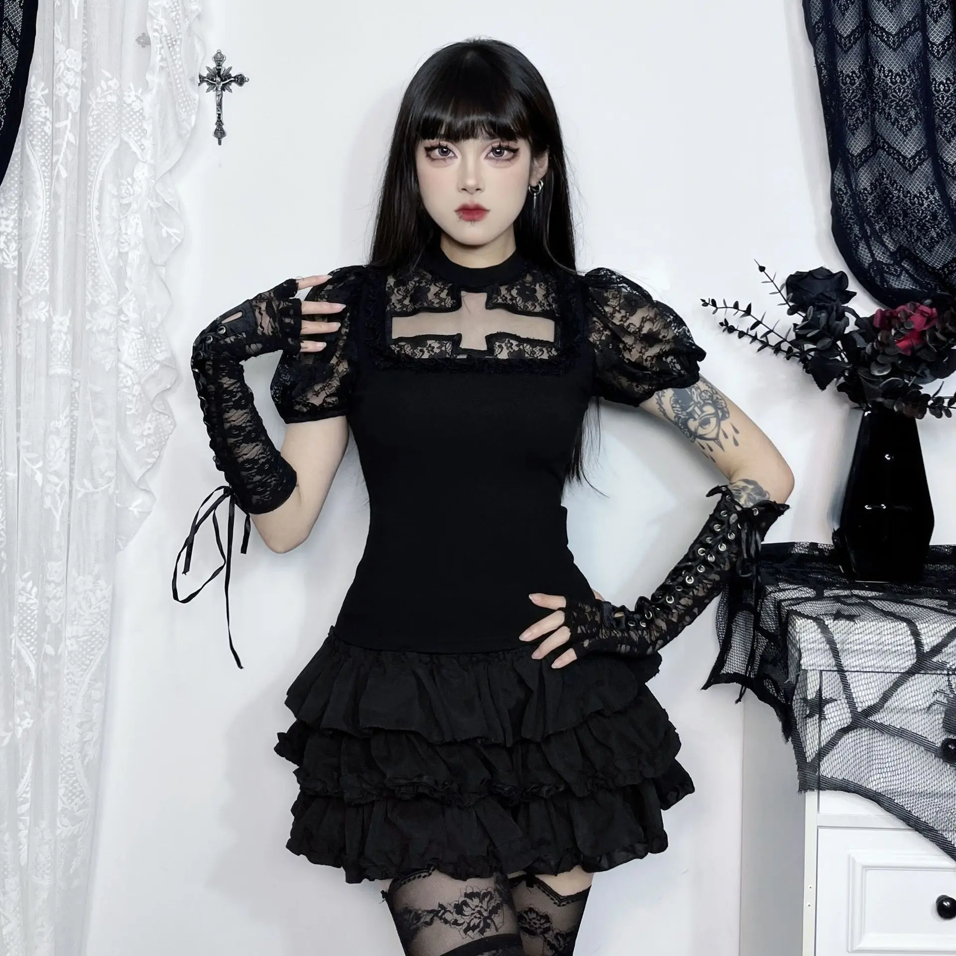 Victorian Vintage Lace Shirt Blouse Dark Street Gothic Cross-Hanging Short-Sleeve Top for Women