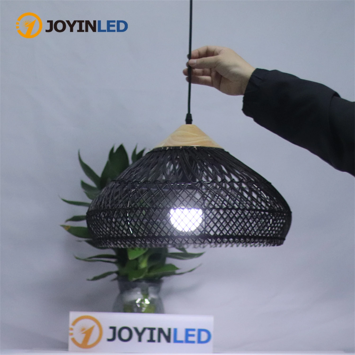 JOYINLED Black Beige Woven Lampshade Vintage Rattan Chandelier Home Decor Restaurant Large Retro Handmade Wicker Pendant Light