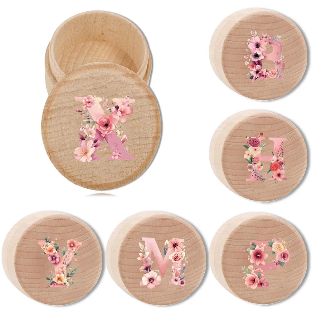 Pocket Circular Jewelry Box Durable Deciduous Teeth Organizer Wooden Storage Box Pink Rose Initial Name 26 Letters Pattern