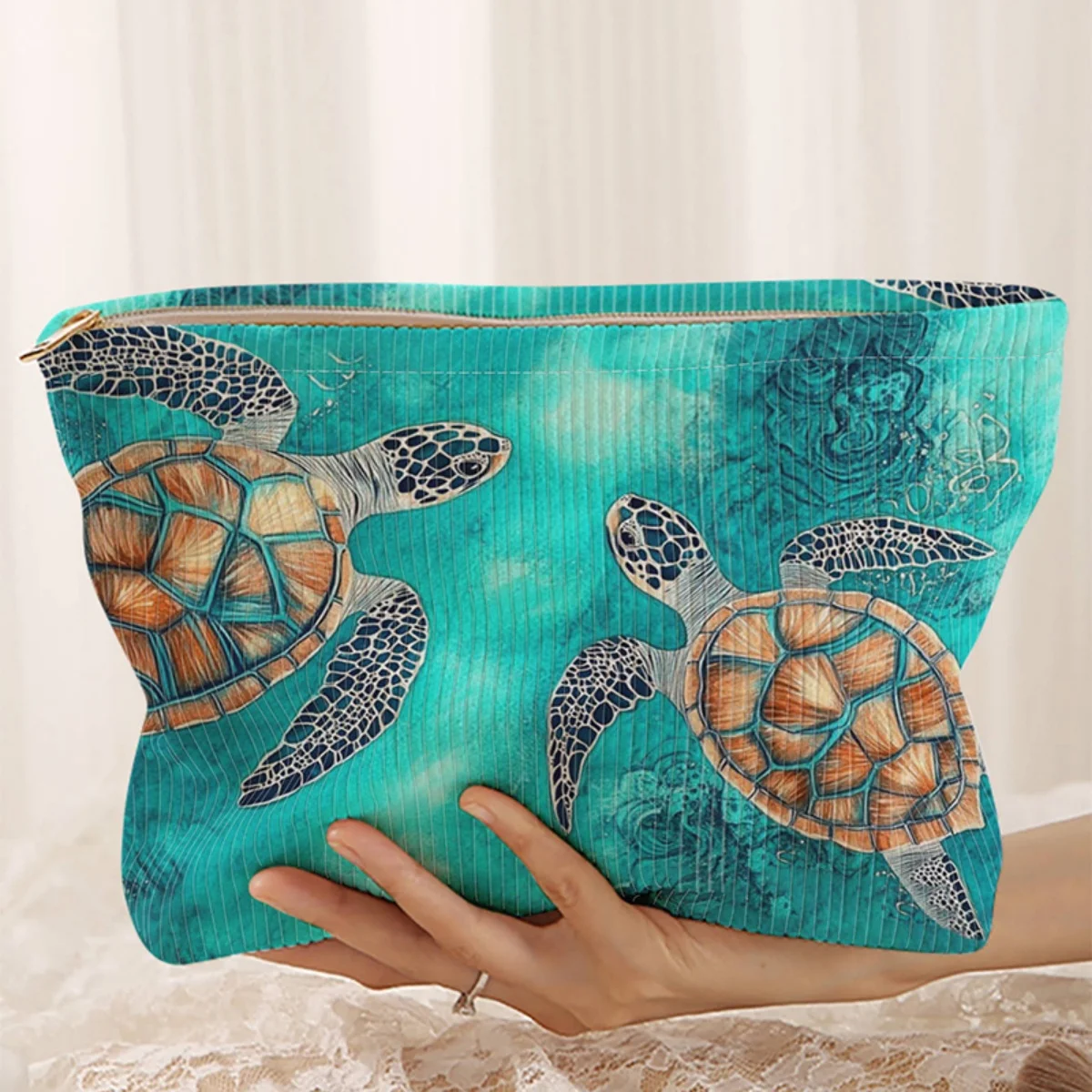 Turtle patterned corduroy makeup bag, lightweight zipper storage box, multifunctional bag with lining, used for storing cosmetic