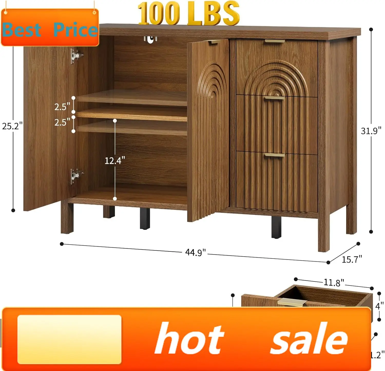 

hot-sellingSideboard Buffet Cabinet with Storage - Fluted Accent Coffee Bar Cabinets Kitchen Credenza with Drawers & Doors, Wood