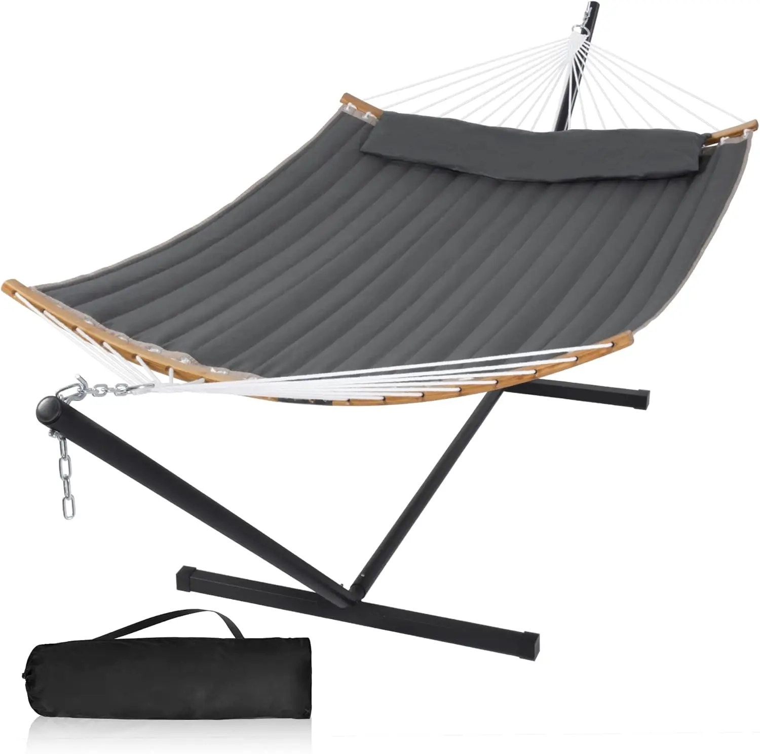 55in Hammock with Stand, Heavy Duty Hammock with Stand Included, Two Person Hammock with Curved Spreader Bar