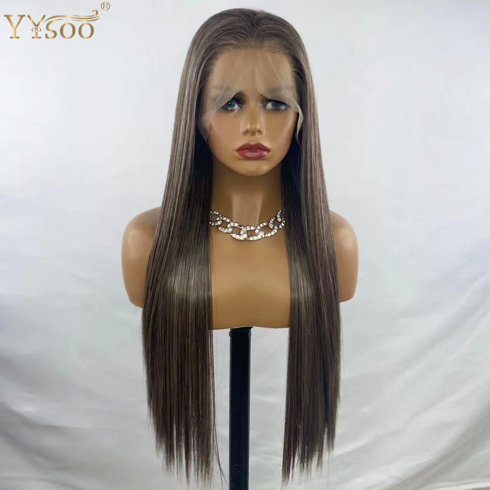 YYsoo 103/4/30 Long Silky Straight Mixed Hair 13x6 Futura Synthetic Lace Front Wigs For Black Women Deep Part Glueless Lace Wig