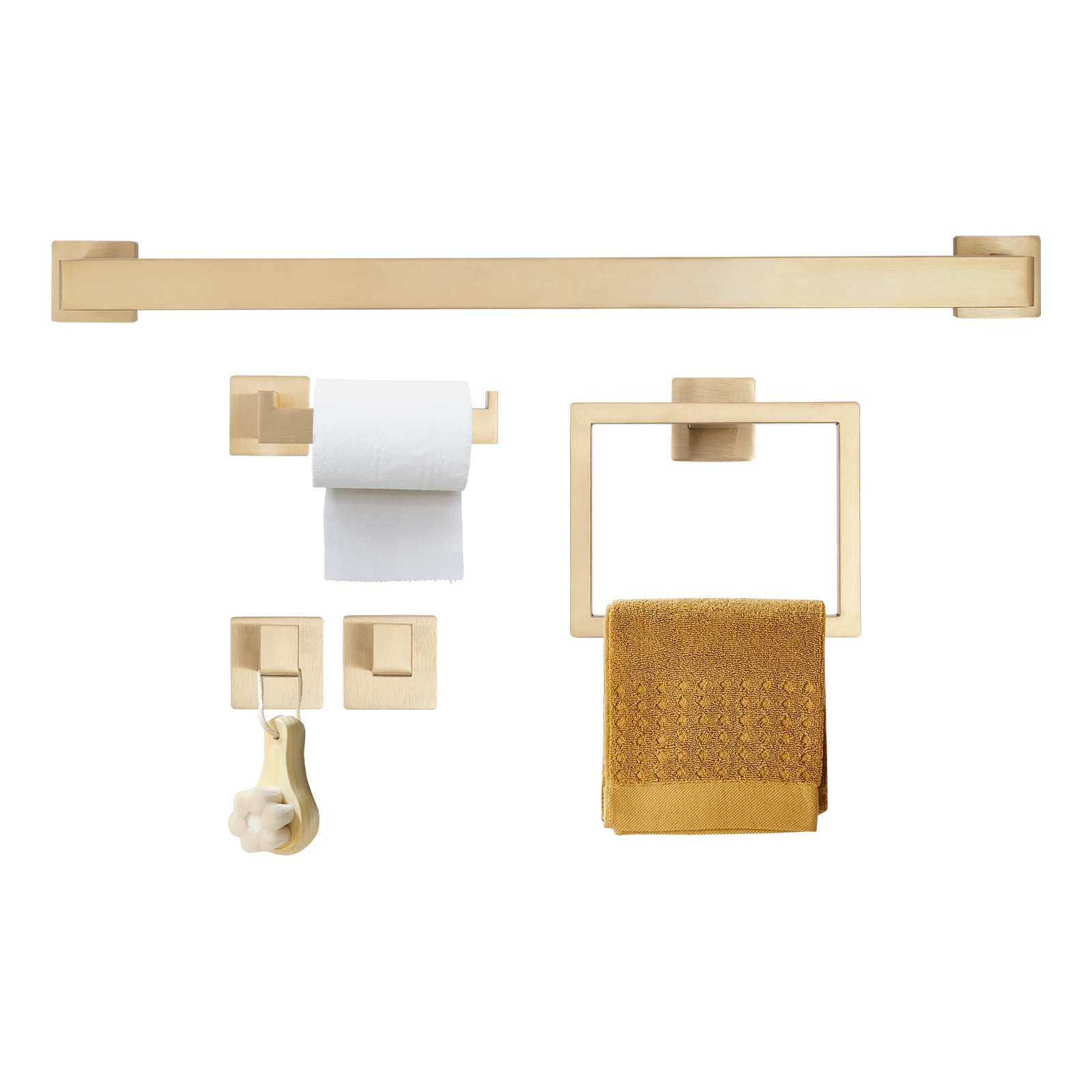 Ensemble de porte-serviettes de salle de bain, 5 pièces, mural avec anneau à serviette, porte-papier, organisateur de bain en acier inoxydable 201 doré pour maison hôtel