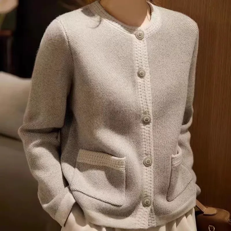 Jesień Zima Vintage Wełniany Dzianinowy Kardigan Odzież Damska Moda Proste Kieszenie Swetry O-neck Luźne Topy dojazdowe 