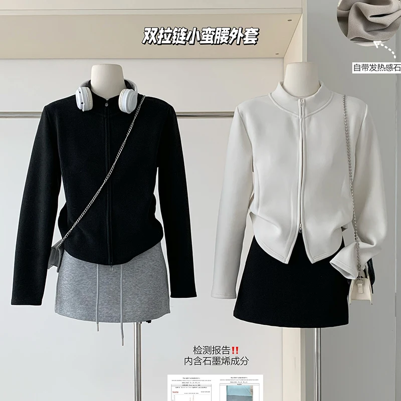 

Осень-зима, простая графеновая теплая куртка, пальто, бархатный воротник-стойка, короткая куртка на молнии, женское черно-белое кардиган, топы