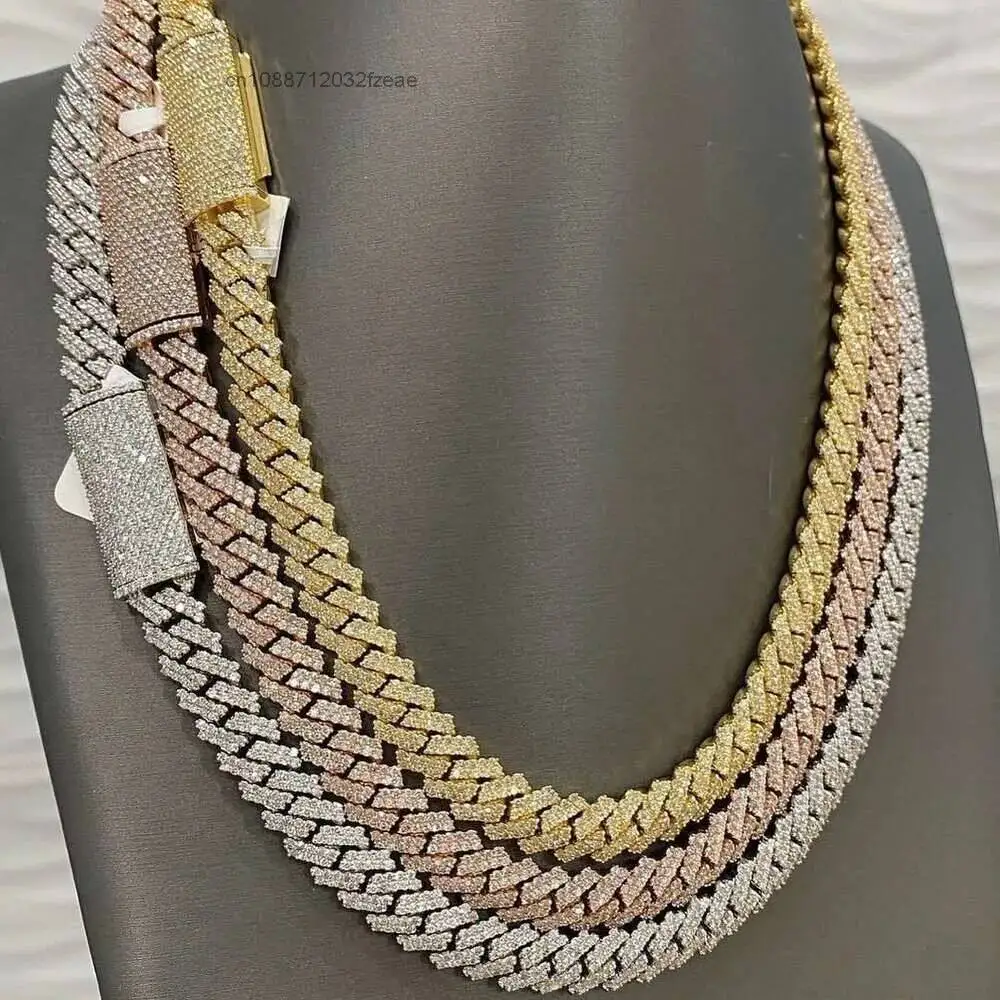 Luxury Hip Hop Rapper Jewelry 925 Sterling Silver 15mm Double Row Moissanite Prong Setting Hip Hop Cuban Chain Link Necklace.