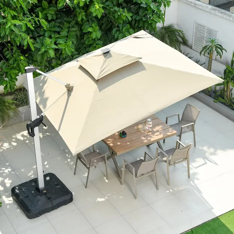 [280 Grams Canopy Polyester]CE+MSDS+ISO+EORI Certificates Patio Umbrella Wooden/AL Pole Solar Power LED Movable Sand+Water