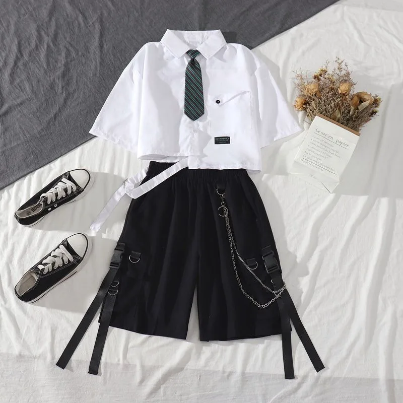 2026 Spring Streetwear Cargo Shorts Sets High Waist Joggers Women 2 Piece Short Sleeve Top with Casual Trousers Woman