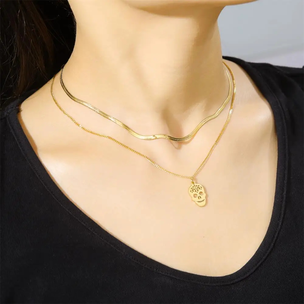 

HIPEE Stainless Steel Snake Bone Chain Double Layer Skull Pendant Necklace For Women Men Punk Fashion Jewelry Party Gifts
