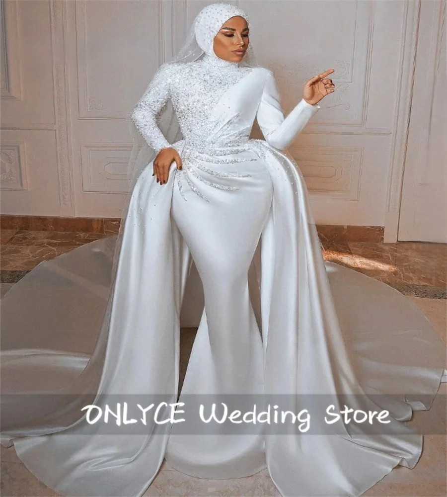 Shining Middle Eastern Arab Wedding Dresses Beading Crystals Elegant Mermaid Bridal Dress Long Sleeves With Veil Customized