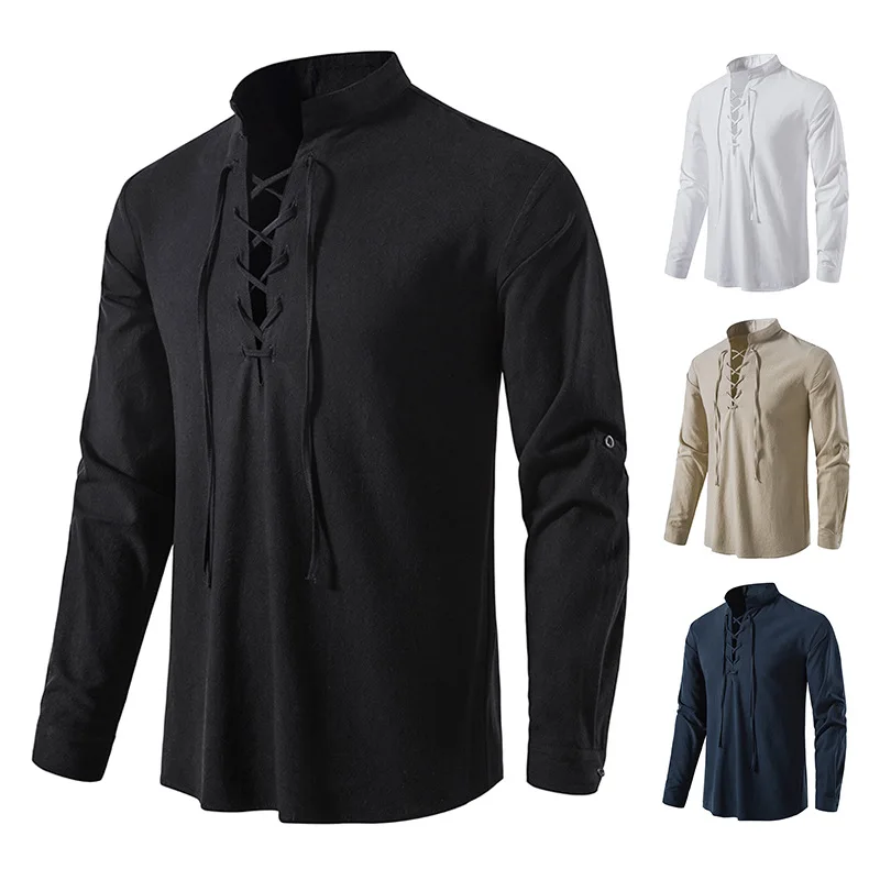 Camisa Henley de algodón para hombre, traje de manga larga, cuello levantado, estilo Retro, Medieval, ideal para vacaciones, playa, Halloween, fiesta