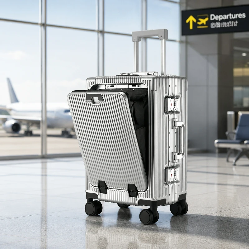 26 Zoll Rollkoffer mit Frontöffnung und großem Fassungsvermögen, ABS+PC Trolley-Koffer mit USB-Ladefunktion und Rollen
