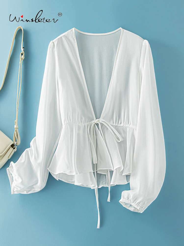 

Winsleter - Элегантный солнцезащитный топ из 100% шелка, с V-образным вырезом и кружевной отделкой, женская пляжная накидка для отпуска, весна 2026, C62142CC