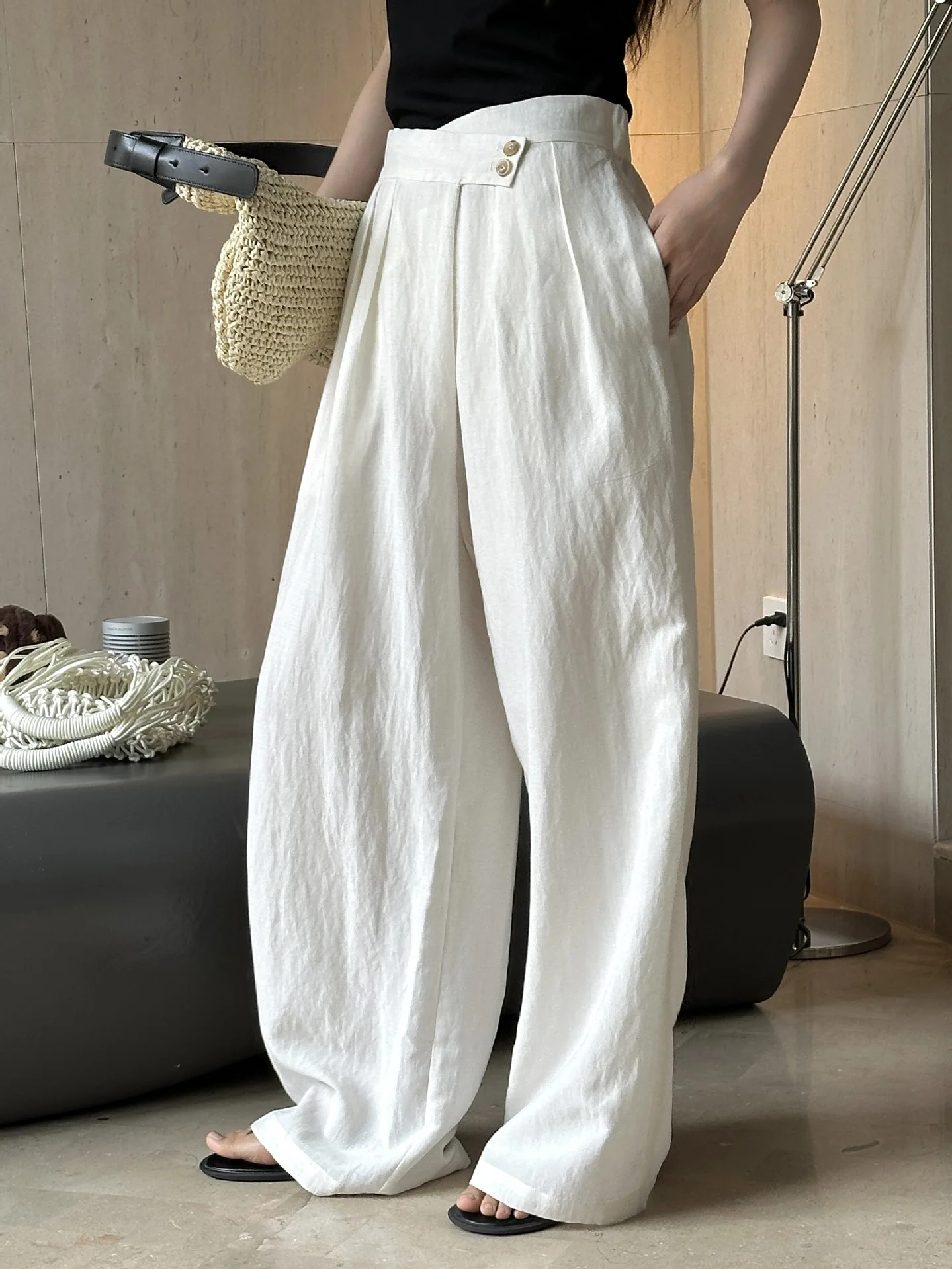 Summer Commute OL Simple High Waist  Linen Asymmetrical Casual Pants Lightweight Breathable Loose Wide Leg Long Women's...
